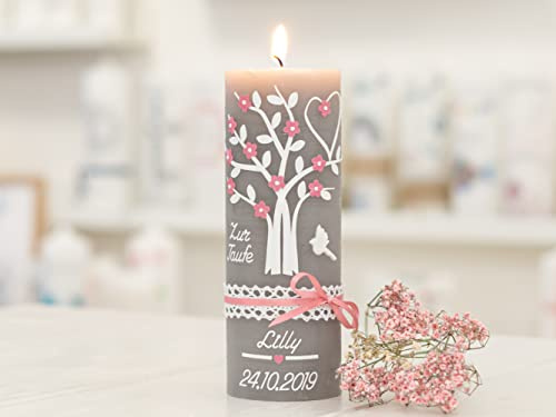 meinkerzenshop Taufkerze Rustik Lilly Junge oder Mädchen mit Name und Datum, individuell, persönlich u. handgemacht 17343