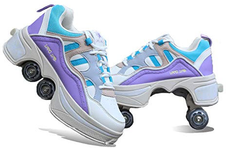 FLY FLU Rollschuhe Kinder,Jungen Mädchen Skateboard Schuhe mit Rollen, Quad Skate Rollerskates Für Damen, Unisex Sport Freizeit Laufschuhe Sneakers,Purple-EU36=UK4