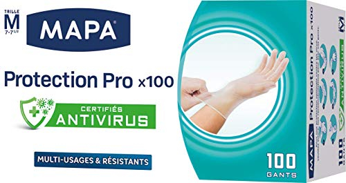 MAPA – Guanti protettivi Pro x 100 – Guanti usa e getta in vinile senza polvere e senza lattice, certificati Antivirus – resistenti e multiuso – Scatola dispenser di 100 guanti – Taglia M
