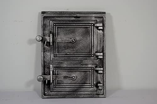 SEZAM Backofentür aus Gusseisen mit 2 Türen - mit Türriegel, Brotofentür - Steinofentür - Pizzaofentür 35 x 3 x 26 cm - rechteckig, altsilberfarben bemalt
