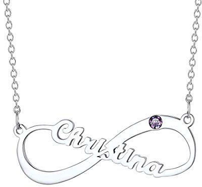 SILVERCUTE Collier Femme Infini Argent Personnalisé avec 1/2/3/4 Prénoms et Pierres de Naissance d'Imitation Chaîne Rolo 40+5cm/1.5mm