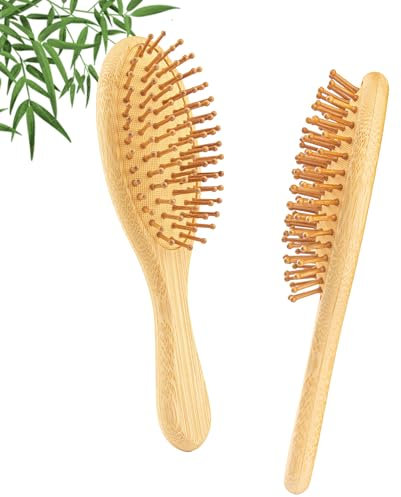 YUNAI Bamboo Paddle Wooden Hair Brush – Natural Bamboo Air Cushion Comb for Massaging Scalp, Reduce Frizz No Hair Tangle Small Oval Brush for Curly Hair