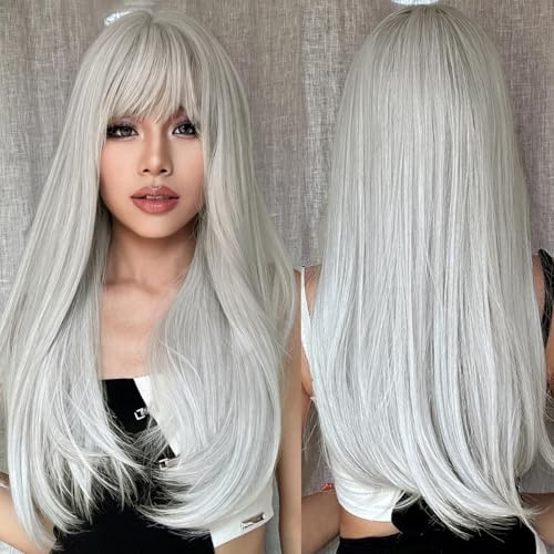 PORSMEER 70 cm Lange Glatt Grau Silber Perücken mit Pony für Frauen Natürliche Kunsthaar Halloween Perücke für Tägliche/Karneval/Fasching Kostüm Party