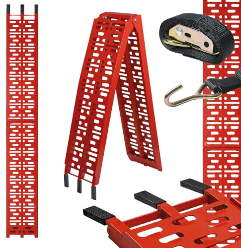TRUTZHOLM 1x Auffahrrampe klappbar 228 cm Traglast 340 kg Alu rot | Motorradrampe Verladerampe für Motorrad ATV Quad Fahrrad E-Bike mit gelochter Lauffläche inkl. Spanngurt