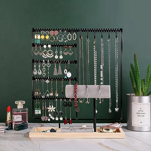 Jewellery stand,Necklace stand,jewellery organiser with Wooden Tray, Multi-Tier necklace holder,earring stand Velvet ring holder for Necklace,Rings, Bracelets,Watches-Jewellery Holder(black)