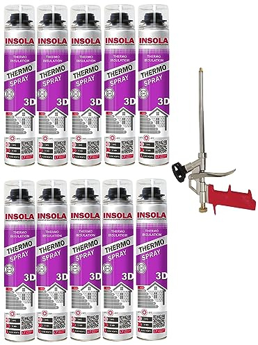 INSOLA Thermo Spray 3D - Isolation Polyuréthane Projetable 850ml - L'un des Meilleurs Pouvoirs Isolants du Marché - 80% Cellules Fermées - Confort Thermique et Acoustique (Lot 10 Mousses + 1 Pistolet)