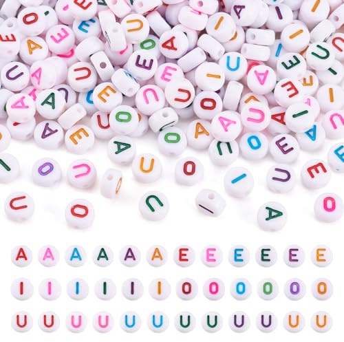Bunte Acryl-Vokal-Buchstaben-Perlen, flach, rund, Alphabet-Perlen A E I O U Initiale Perlen für DIY Namensarmband Schmuckherstellung 500 Stück