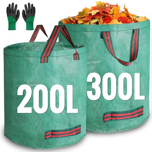 JARDILIFE Garden Waste Bags Heavy Duty 200 300 Litre 2 Pack, Reusable Garden Sacks with 1 Pair of Gardening Work Gloves, Tools Bags for Garden Waste Plant Waste Grass Leaves (200L*300L)