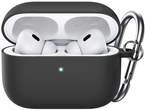 JETech Silikon Hülle für AirPods Pro 2/1, mit Schlüsselanhänger, Schwarz | Für AirPods Pro (2./1. Generation 2023/2022/2019), Hard-PC Innenleben, Stoßschutz, Front-LED Sichtbar