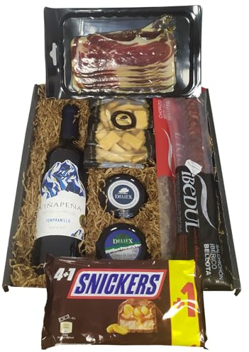 Deliex delicias de Extremadura. Cesta para regalo gourmet con vino, paleta, ibéricos, crema de queso, chocolatinas snikers, lote delicatessen para regalar