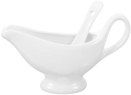 HOLIDYOYO Ceramic Steak Gravy Bucket with Deep Spoon Large Gravy Boat Warmer for Curry Soup Sauce