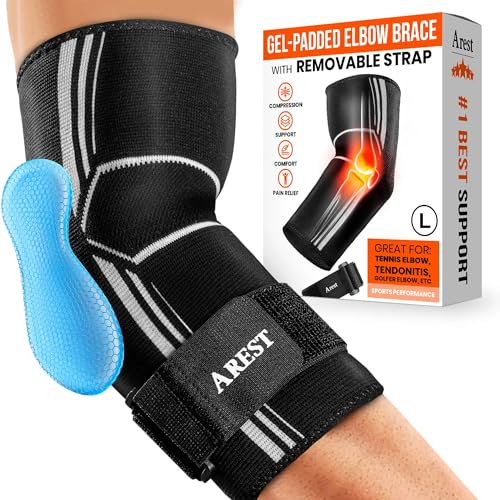 AREST Ellenbogenbandage mit Kompressionsband - Sportliche Ellbogen Bandage - Ellenbogen Bandagen Herren und Damen - Bandage Ellenbogen für Gym - Ellbogenschoner Verstellbar (L)