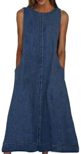 Womens Casual Sleeveless Maxi Denim Dress Crewneck Vintage Loose Long Vest Jean Dress with Pockets, Dark Blue, XL
