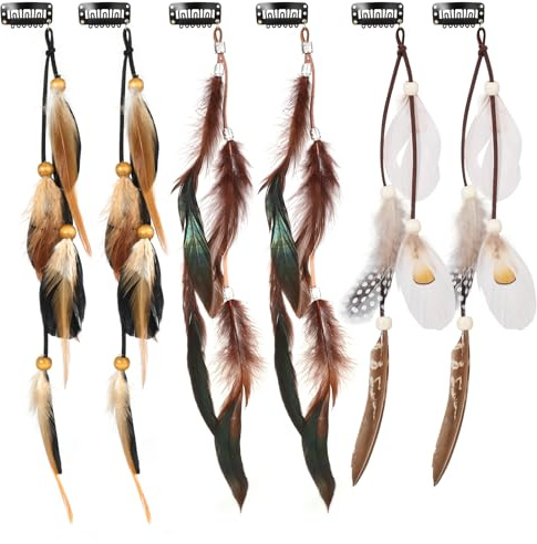 MWOOT 6 Piezas Clips de Pelo Pluma Indio, Bohemio Pluma Extensiones de Cabello, Accesorios de pelo Hippie para Mujeres, Festival Decoracion de Cabello Accesorios