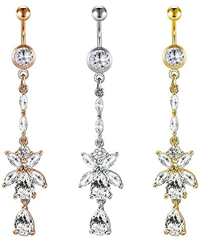 Epinki Piercing Schmuck, 3er Piercings Set, Edelstahl Nabelpiercing Lang Kette Bananabell Piercing mit Anhänger Zirkonia Körperschmuck, Tricolor