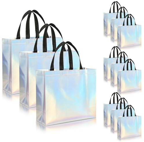 PHOGARY Geschenktüten mit Henkel, 12 Stück Wiederverwendbaren Mitgebsel Tüten, Nicht Gewebte Glänzende Große Geburtstagstüten, Irisierende Geschenktüte Hochzeit, Holographie Geschenktasche