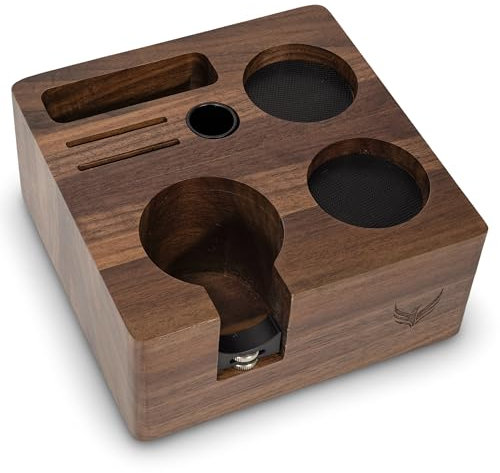 KNODOS 54mm Espresso Tamping Station V3 - Walnut Portafilter Stand Organizer for Sage/Breville Machines with Tamper Holder, Distributor Slot, and Multi Accessory Storage