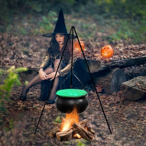 Hexen Topf auf Lagerfeuer Stativ Halloween Dekoration Outdoor Szene Layout Schwarz Kunststoff Schüssel Dekoration für Halloween Dekoration, Party Deko, Sale Angebote (Grün（78cm+20cm）)