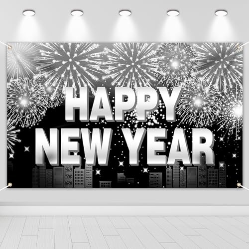 HOWAF Silvester Deko 2027, Extra Große Happy New Year Banner Frohes Neues Jahr Banner Stoff Foto Hintergrund für Neujahr Deko 2027 Silvesterparty Silvesterdekoration, 185x110cm, Silber Schwarz