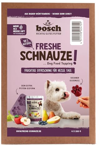 Bosch Freshe Schnauze - Aktionspaket Frucht | Hundeeis | 4 x 200 g + GRATIS Eisform für Hundeeis | Topping für Hundefutter | Für Trockenfutter und Nassfutter | mit frischen Äpfeln, Birnen & Blaubeeren