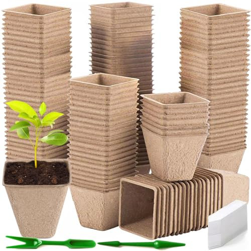 ZZXLOPEZ Pots de Culture Biodegradable, 100 Pièces 8CM Pot de Semis de Plante, Godets de Rempotage Degradable+100Pcs Etiquette Plante+2Pcs Outils de Repiquage, Peti Pots pour Plantation Graine Fleurs