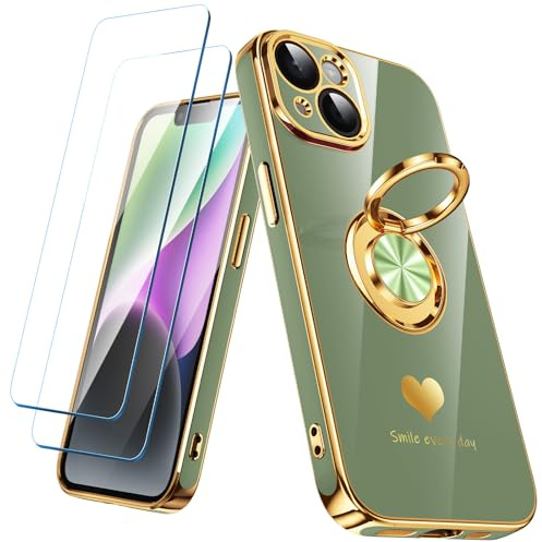Nonional Compatible for iPhone 14 Case with 2 Pack Screen Protector, 360° Rotatable Ring Holder [Luxury Hearts Pattern] Plating Gold Edge Slim Soft Phone Cover Case for iPhone 14 - Light Green