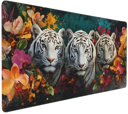 Gaming Mauspad XXL Tiger Mousepad 1000x500x4mm Blume Verlängertes Mauspad Schreibtischauflage,Genähte Kanten Mauspad,Verbessert Präzision und Geschwindigkeit Wasserdicht Geeignet für Büro und Spiele