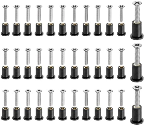 sourcing map Lot de 48 paires d'écrous de puits M4 en néoprène avec vis en acier inoxydable, kit d'écrous de puits en caoutchouc, boulons en laiton et cuivre, fixations universelles de moto pour