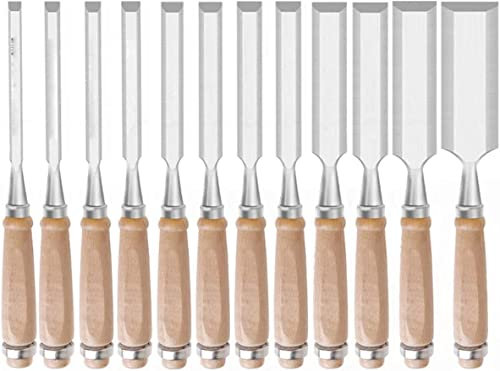Mxxephemer Juego de cinceles para Madera, Herramientas Profesionales, Juego de cinceles con Mango de Madera para tallar Madera, Ancho del Cabezal de Corte: 6 mm - 38 mm, Juego de 12 Piezas