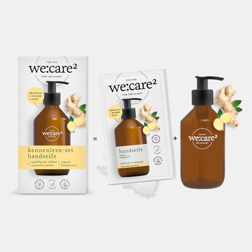 we:care² Seife Pulver Set mit Flasche (Granulat) Ingwer/Bergamotte - 29g ergibt 250ml nachhaltige & vegane Nachfüllseife ohne Silikone, Parabene & Mikroplastik - Handseife Seifenpulver