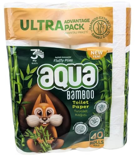 Aqua Bamboo Toilet Paper 3Ply - 40 Rolls - Ultra Advantage Pack - Fluffy Plies, Eco-Friendly, Soft and Durable