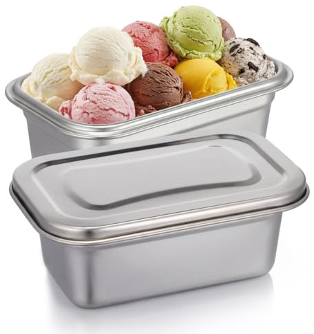 PRETYZOOM Eisbehälter für Speiseeis, 2 Stück 0.6L Edelstahl Eiscremebehälter mit Deckel, Luftdichter Gefrierbehälter für Selbstgemachtes Eis & Lebensmittel, Spülmaschinenfest & BPA-frei
