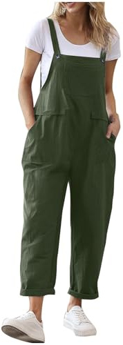 Damhängselbyxor avslappnade säckiga overaller med ficka sommar ärmlös linne overaller för kvinnor Storbritannien enkel lätt knappremmar haklapp byxor mode jumpsuit, Armégrönt, XXL