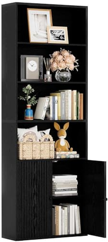 IRONCK Bücherregal mit Türen, Standregal mit 6 Ebenen, Holz Regal mit Türen, Bücherschrank, offenes Aufbewahrungsregal für Arbeitszimmer, Büro, Wohnzimmer, Schlafzimmer 180 x 60 x 23.5cm (schwarz)