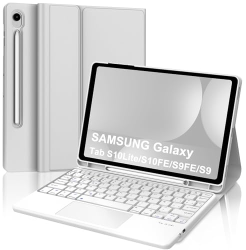Funda con Teclado para Samsung Galaxy Tab S10 Lite S10 FE 2025/S9 FE 2023 10.9 Pulgadas, Teclado Bluetooth Inalámbrico con Funda Delgado y Trackpad para Samsung Galaxy Tab S9 11 2023, Gris Claro