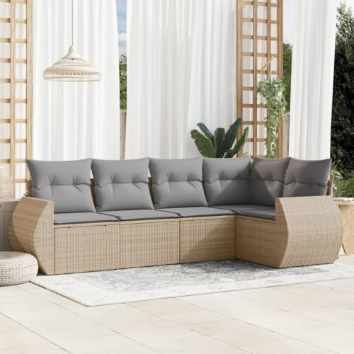 QJBSAVVA 5-TLG. Gartenlounge Beige Poly-Rattan 55x53x34 cm Stauraum UV-beständig Robust & Modern Gartenmöbelset for Garten Terrasse Balkon