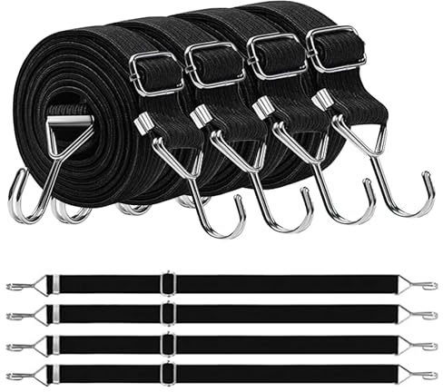 Juego de 4 tensores de equipaje ajustables con ganchos, 3 m | Expansor extrafuerte con ganchos, cuerda de goma negra, tensor de equipaje para toldo, coche, bicicleta, lonas
