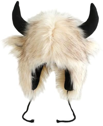 CAKEEYUM Büffelhut mit Hörnern, pelziger Bisonhut, Winter, lustiges Büffelkostüm für Halloween, Weihnachten, Karneval, Cosplay, Beige, Wasser, Pelz, Flauschig, Flauschig, Tierhüte für