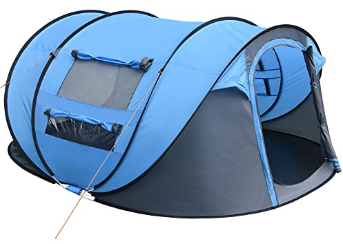 Outsunny Tenda da Campeggio Pop Up per 4 Persone, Tenda Campeggio Familiare 4 Posti 2000mm con Porta, Finestre Laterali e Borsa di Trasporto, Anti UV 20+, 263.5x220x123 cm, Blu