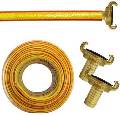 1/2 Garden Hose 5 metres with Brass Geka Claw Fittings - 6 Layer Yellow Hose Pipe Set with 13mm Barb Couplings, Kink-Resistant UV Weatherproof Hose for Irrigation, Water Transfer, Outdoor Cleaning