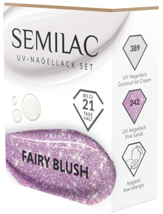 Semilac UV-nagellacksset Fairy blush – 2 gelnagellack, färger, 389, kokosnöt, iskräm, vit och 242 rosa sand, pastellrosa med glitter Kiwi Mango nagelolja – elegant gelnagelpoleringsset