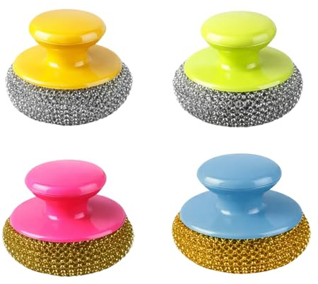 Stainless Steel Scourers with Handle, 4 Pack Heavy Duty Metal Scrubbers, Reusable Kitchen Scrubbing Brush Set for Pots, Pans, Ovens, Grills - Rust-Resistant Steel Cleaner