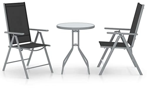sephironlbb 3-TLG. Bistro-Set Aluminium und Textilene silbern mit Glasplatte, wetterfestem Tisch und 2 verstellbaren Stühlen für Balkon, Terrasse und Garten, platzsparend und robust