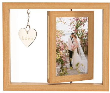 CLKUEH Drehbare Fotorahmen 10x15cm, Drehbarer Bilderrahmen 360° Personalisiert Doppelseitiger Fotorahmen Holzrahmen Bilderrahmen Beidseitig Sichtbar mit Herz Anhänger für Familie Festival Geschenk