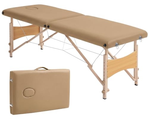HOMCOM Massagetisch faltbar tragbar Holz 186x60x61-87cm Hellbraun | Professionelle Schönheitsliege, höhenverstellbar, Kopfloch, Tragetasche