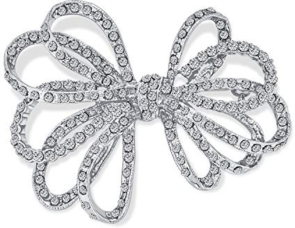 Grande Broche Épingle De Mariage De Noël Avec Cristaux Pavés En Forme De Ruban Ouvert Pour Femmes Ton Argenté Plaqué Rhodium