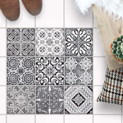 [ Bodenfliesen Aufkleber ] - [ Fliesen für Boden ] - Sticker Aufkleber Folie für Bodenfliesen - Bad oder Küche I Fliesenfolie als alternative zu Fliesenfarbe I 20x20 cm - Design Black n White