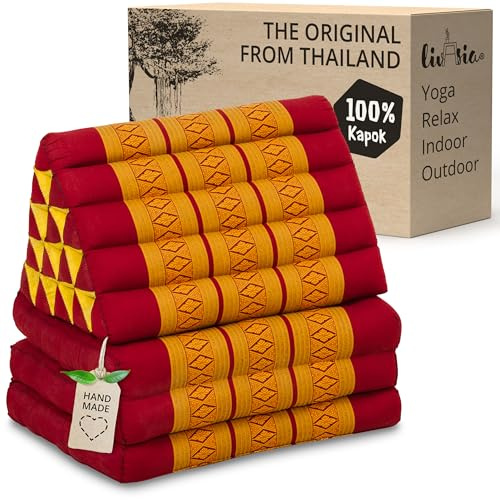 livasia Thai cushion with 3 seat rests - 73x22x3.1″ - extra high, Triangle cushion with folding mattress, Kapok, Jumbo back support cushion, Thai mat, folding, Hand made (Red/Yellow)