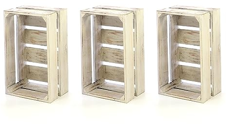 Divero Vintage Holzkiste Weiß 3er-Set, Stapelbare Deko- & Aufbewahrungskiste, Größe M 47x29,5cm, Holz