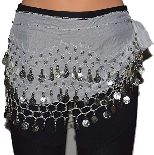 Tanzbekleidung & Accessories Bauchtanz Chiffon Hüfttuch Münzgürtel Bauchtanzgürtel Belly Dance Karneval (ca. 128 Münzen, Weiß mit silbernen Münzen)